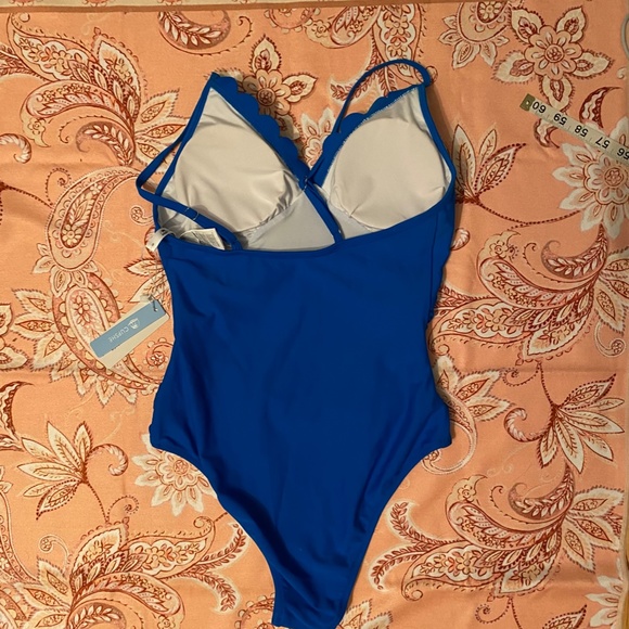 Cupshe One Piece Swimsuit Scalloped Neckline Ruched Waist Bright Blue - Picture 12 of 12